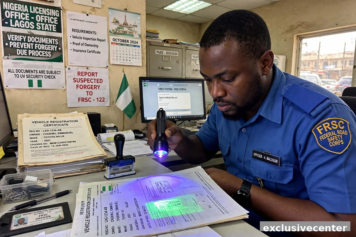 detect fake vehicle papers Nigeria FRSC UV security check verification