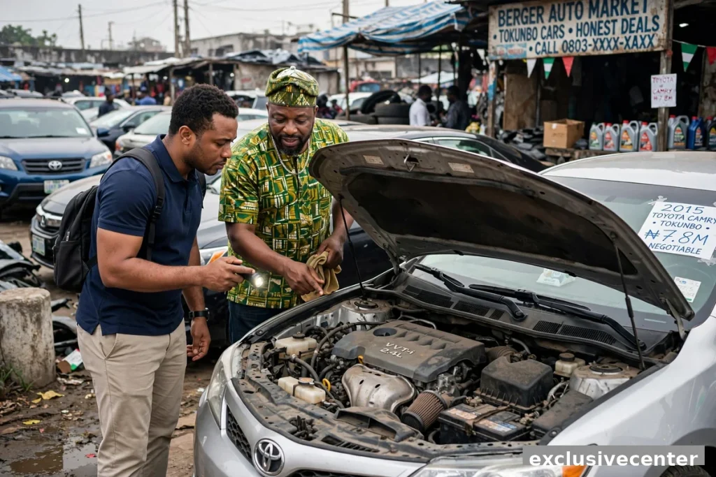 buyer inspecting engine before buying car Lagos market fast sale