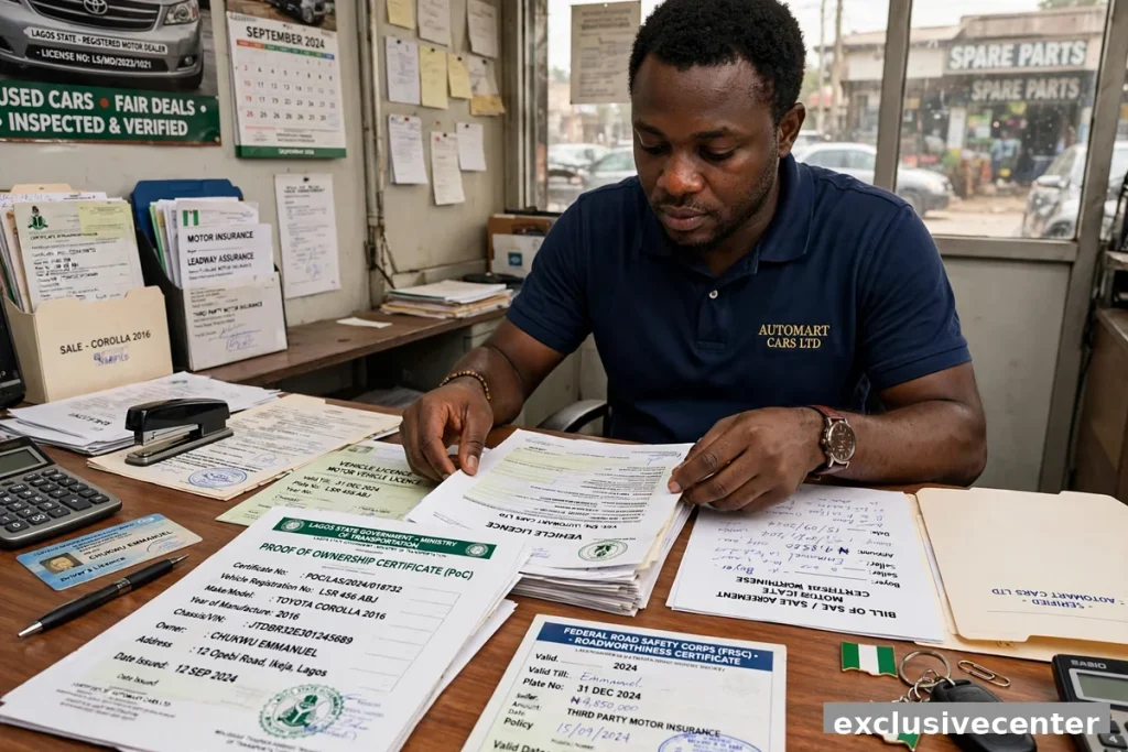 car seller organizing documents to sell car fast legally Nigeria