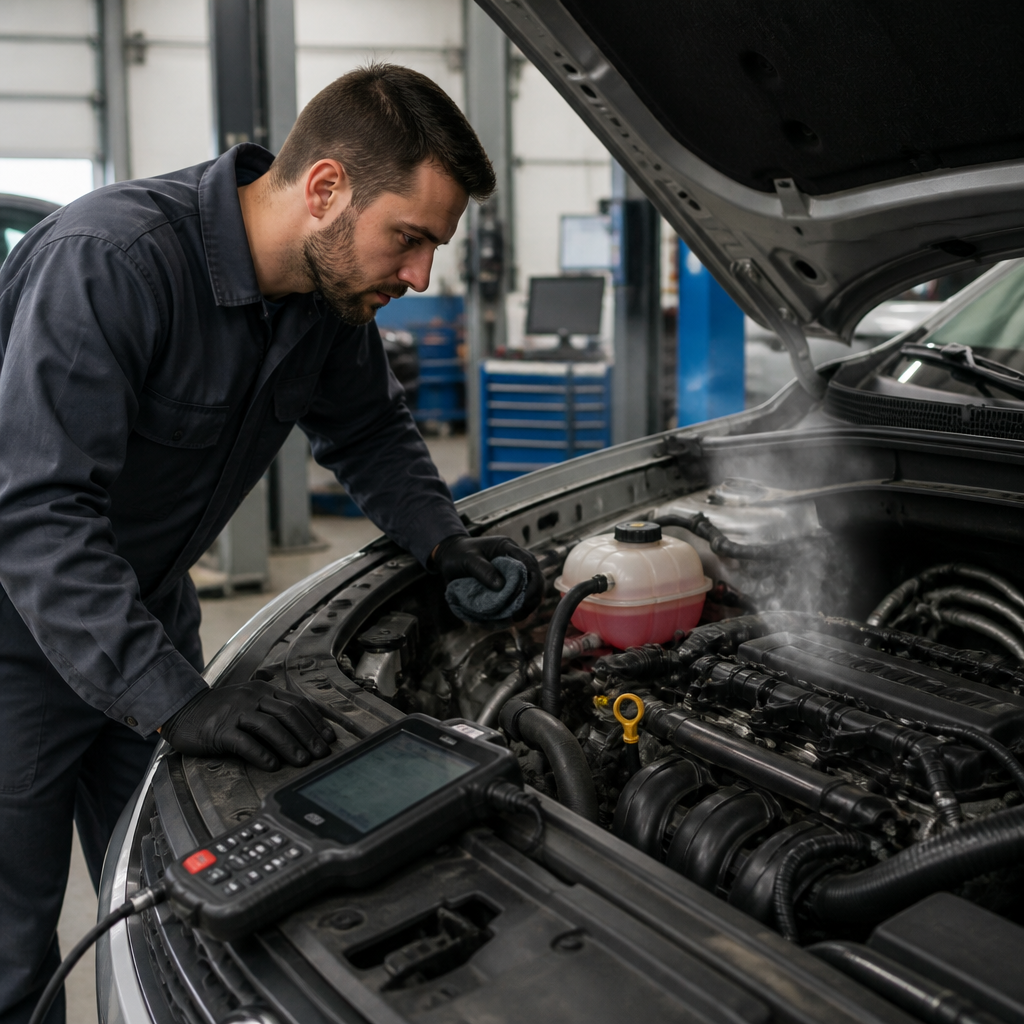 Mechanic checking a car for a bad head gasket
