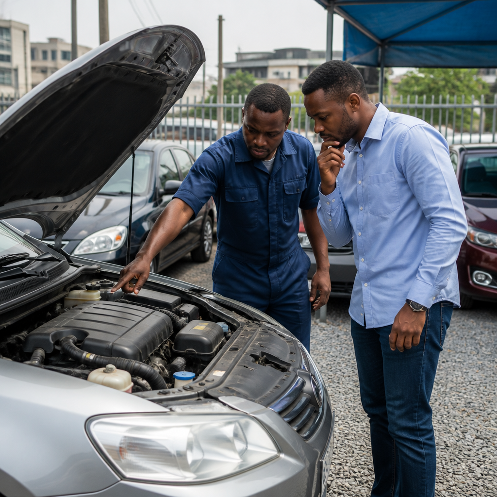 A first-time buyer comparing the best used cars Nigeria buyers can choose with a mechanic