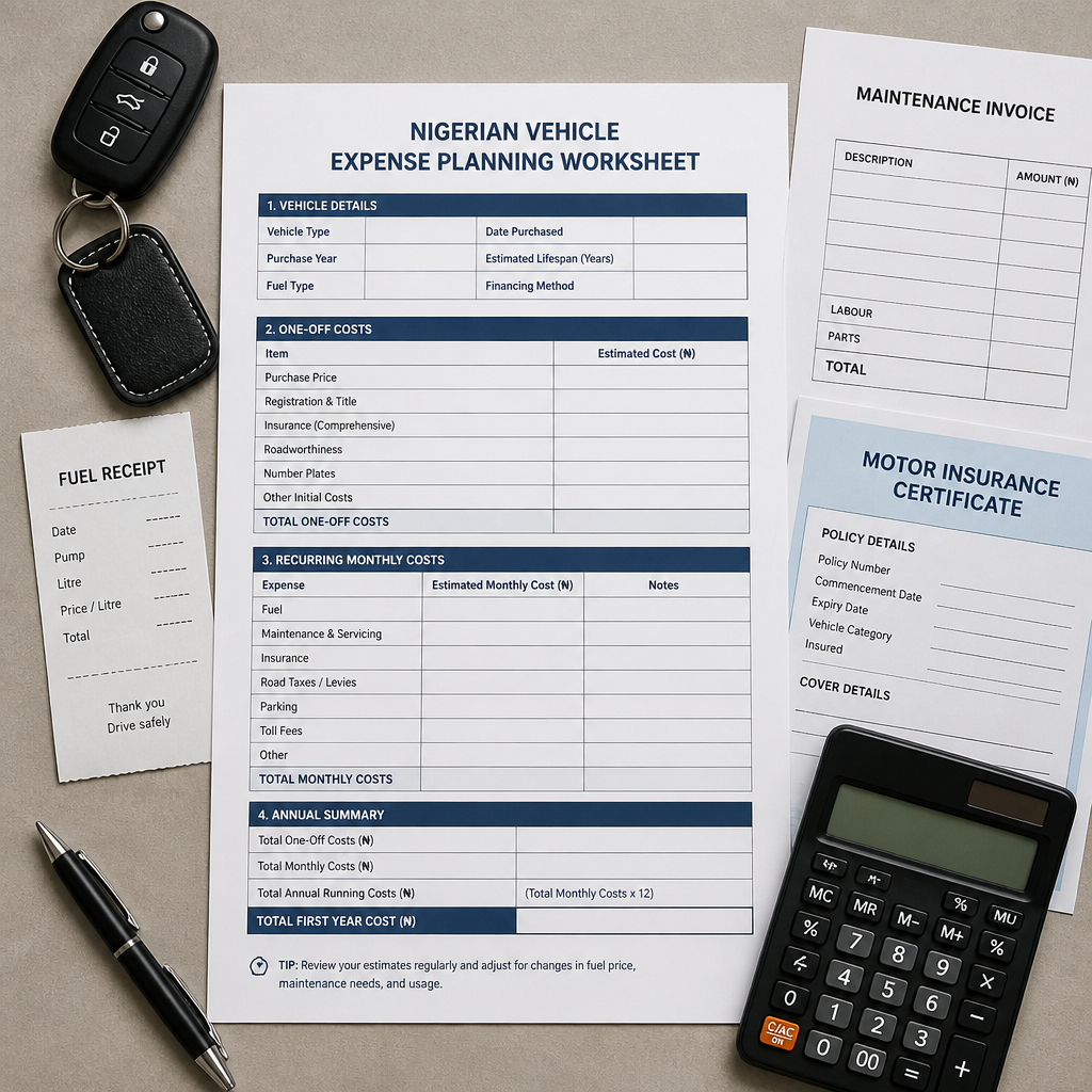 Worksheet for calculating monthly car expenses in Nigeria