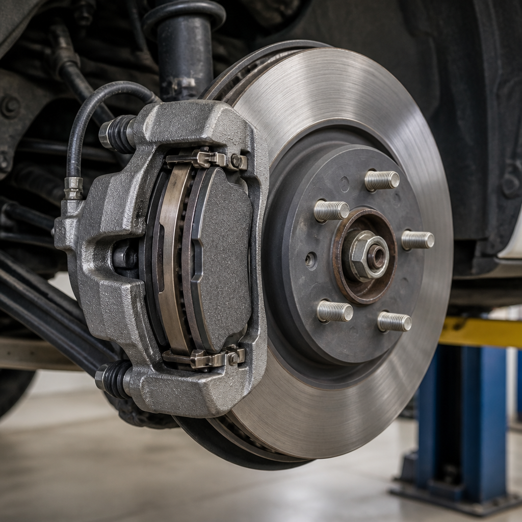 Car brake pad, rotor and calliper shown during a brake inspection