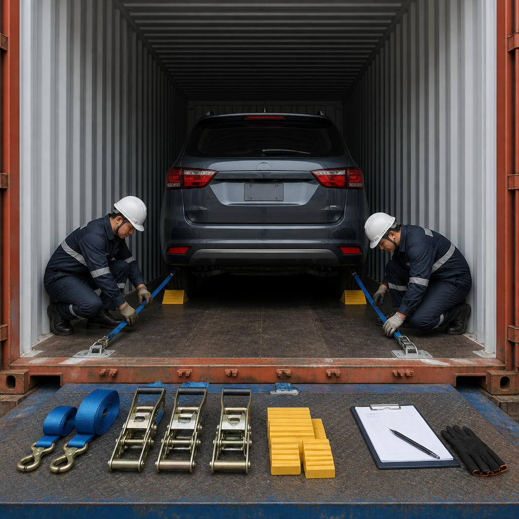 Car secured inside a shipping container for transport from Belgium to Nigeria