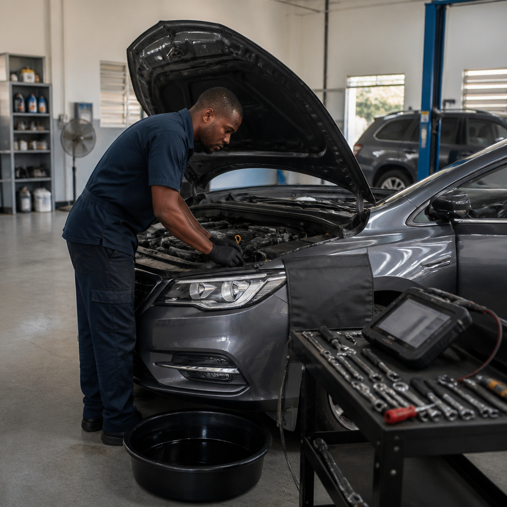 Mechanic carrying out a car service Nigeria inspection in a professional workshop