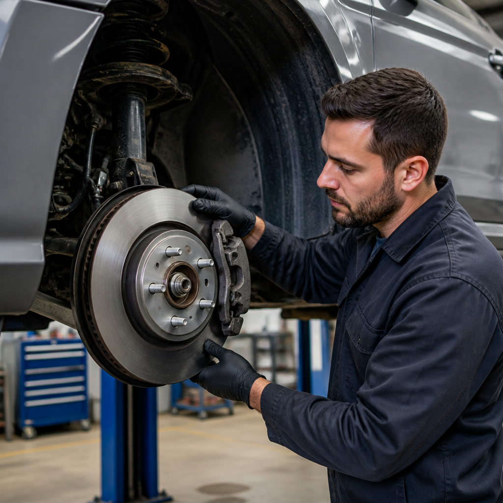 Mechanic inspecting why a car shakes when braking