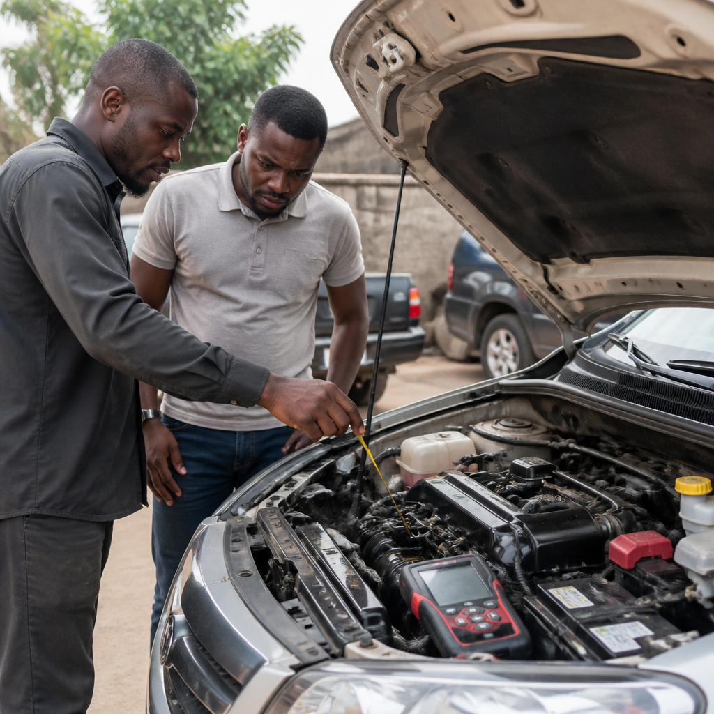 Mechanic helping a buyer check a tokunbo car for hidden mechanical problems
