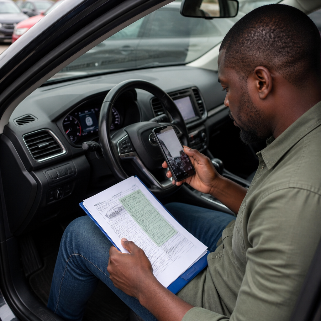 Buyer learning how to check tampered mileage on a used car dashboard