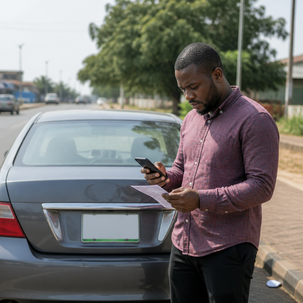 Driver checking vehicle licence status before driving in Nigeria