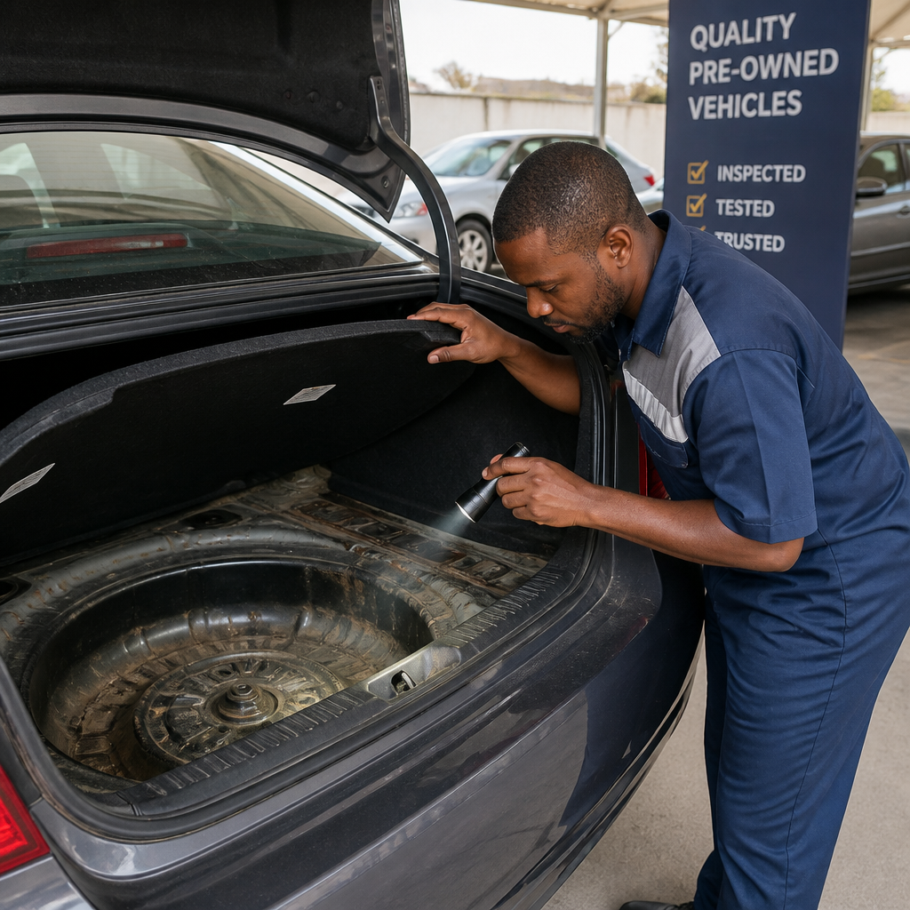 Mechanic inspecting a flood-damaged car for mud and corrosion before purchase