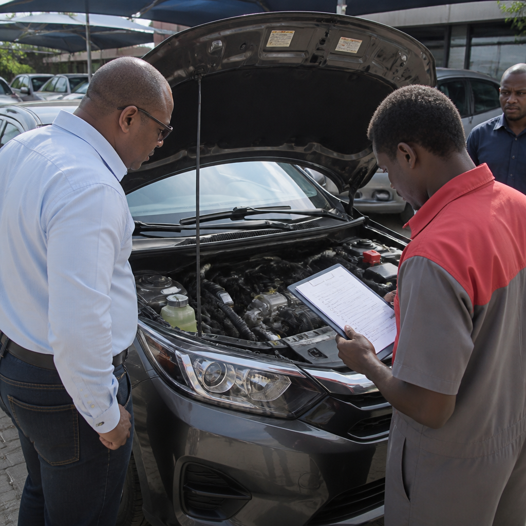 Buyer learning how to inspect a tokunbo car before paying a dealer in Nigeria