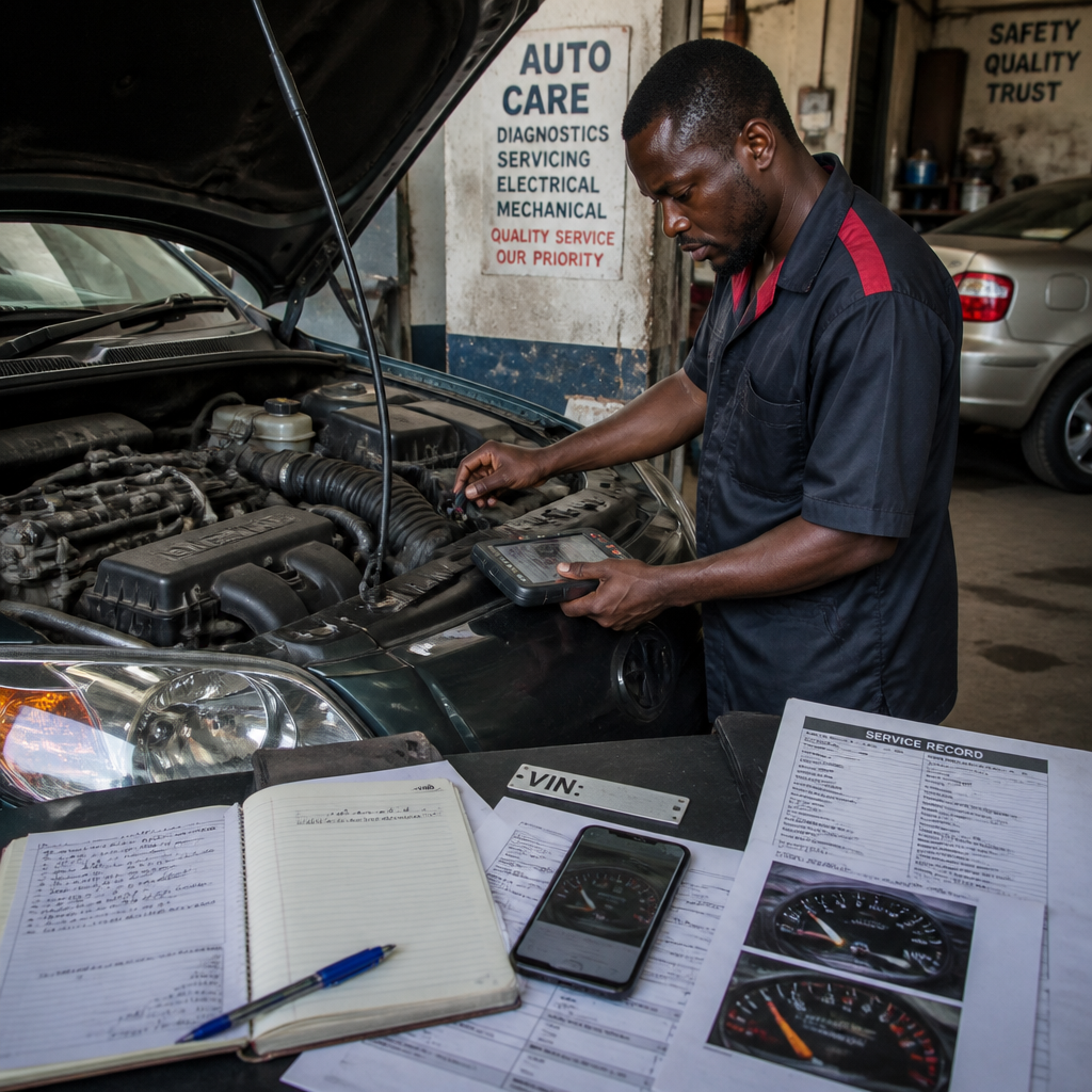 Mechanic comparing odometer data and vehicle records during a used-car inspection