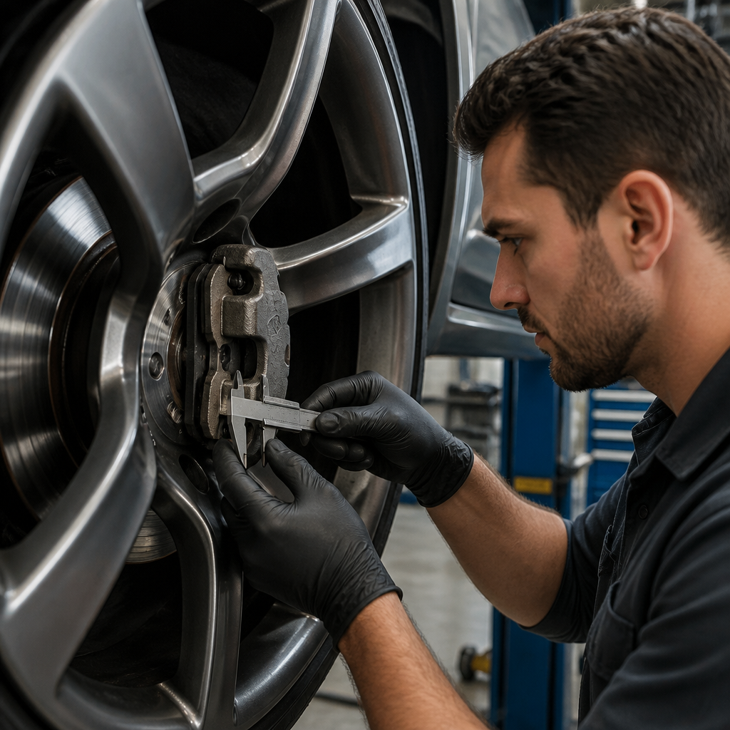 Mechanic checking new brake pads and brake rotor condition on a car