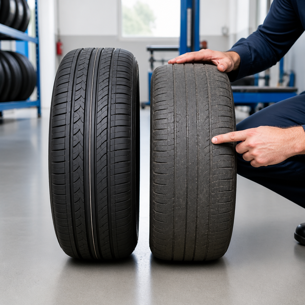 New tyres vs used tyres displayed side by side for a safety comparison
