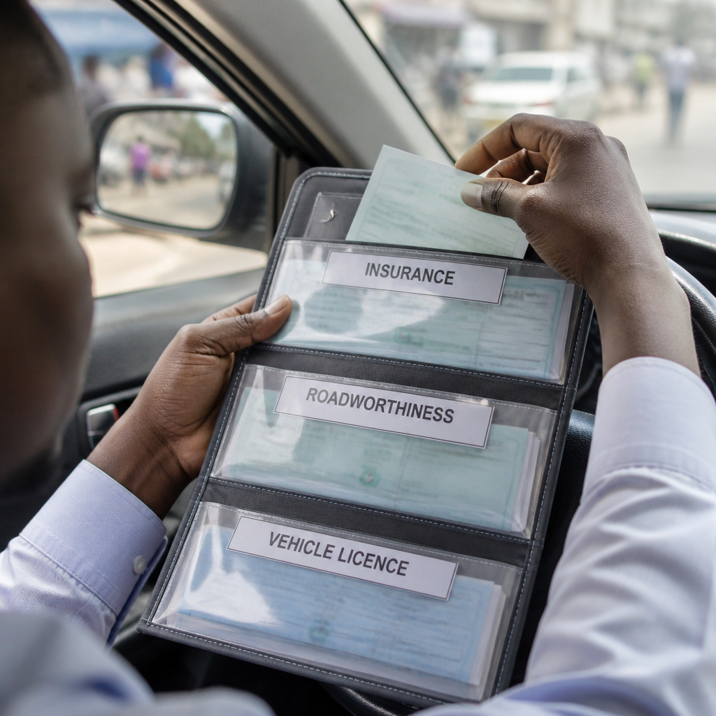 Motorist organising insurance, roadworthiness and vehicle licence documents