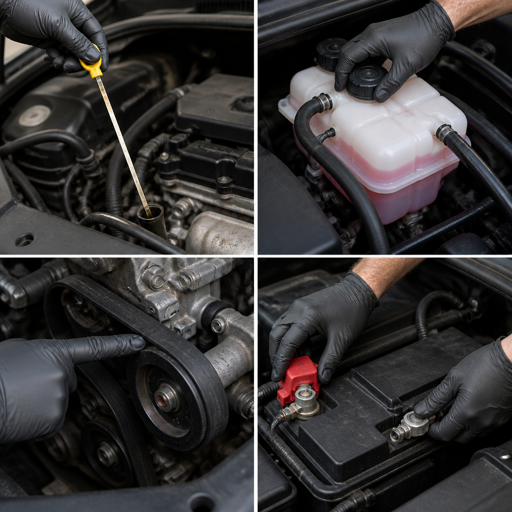 Technician checking engine oil, coolant and belts during routine car maintenance