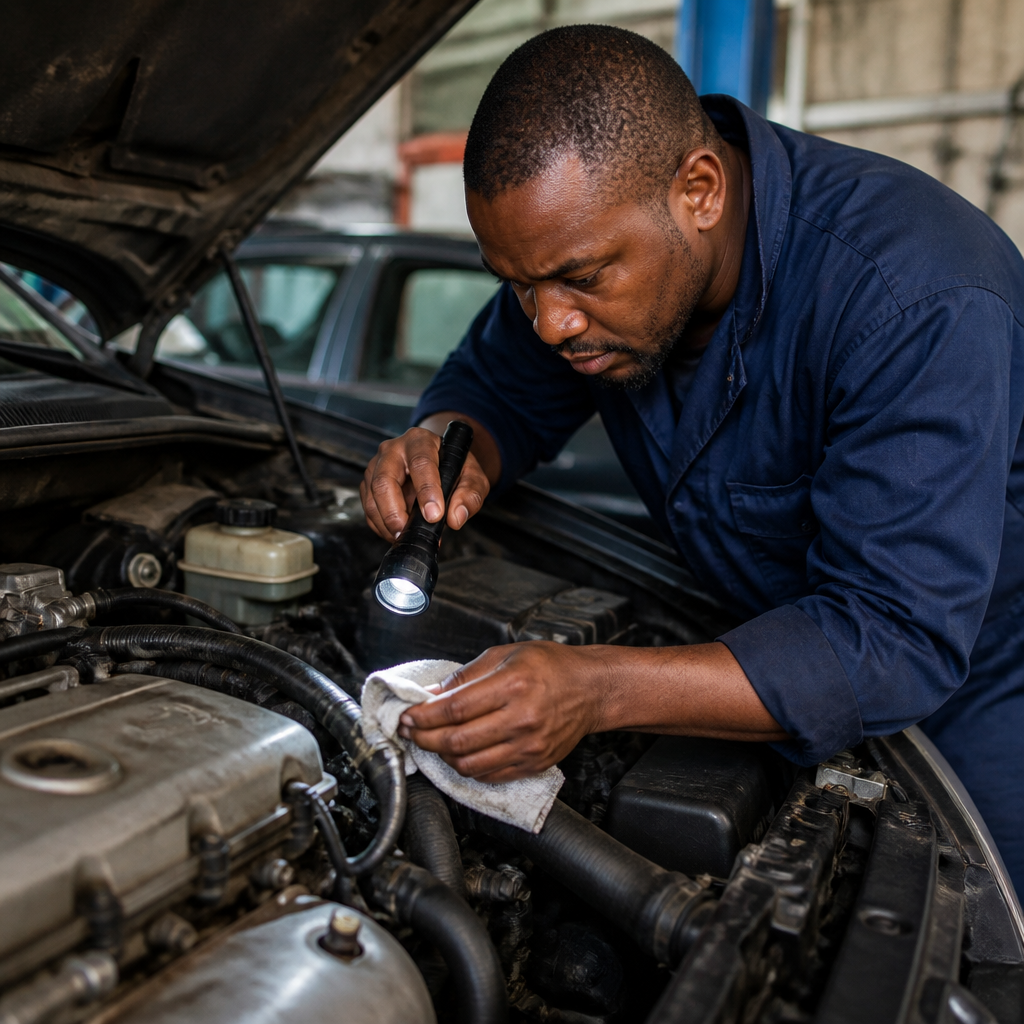 Mechanic inspecting the engine bay, hoses and fluid leaks of an imported used car