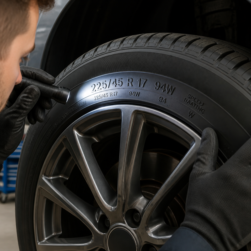 Technician checking tyre size and sidewall markings