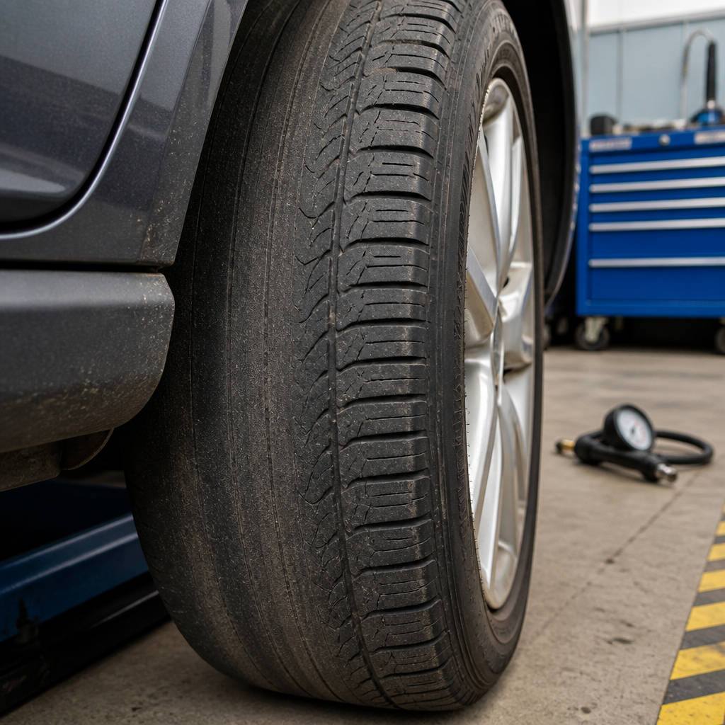 Uneven tyre tread wear that may indicate a wheel alignment problem