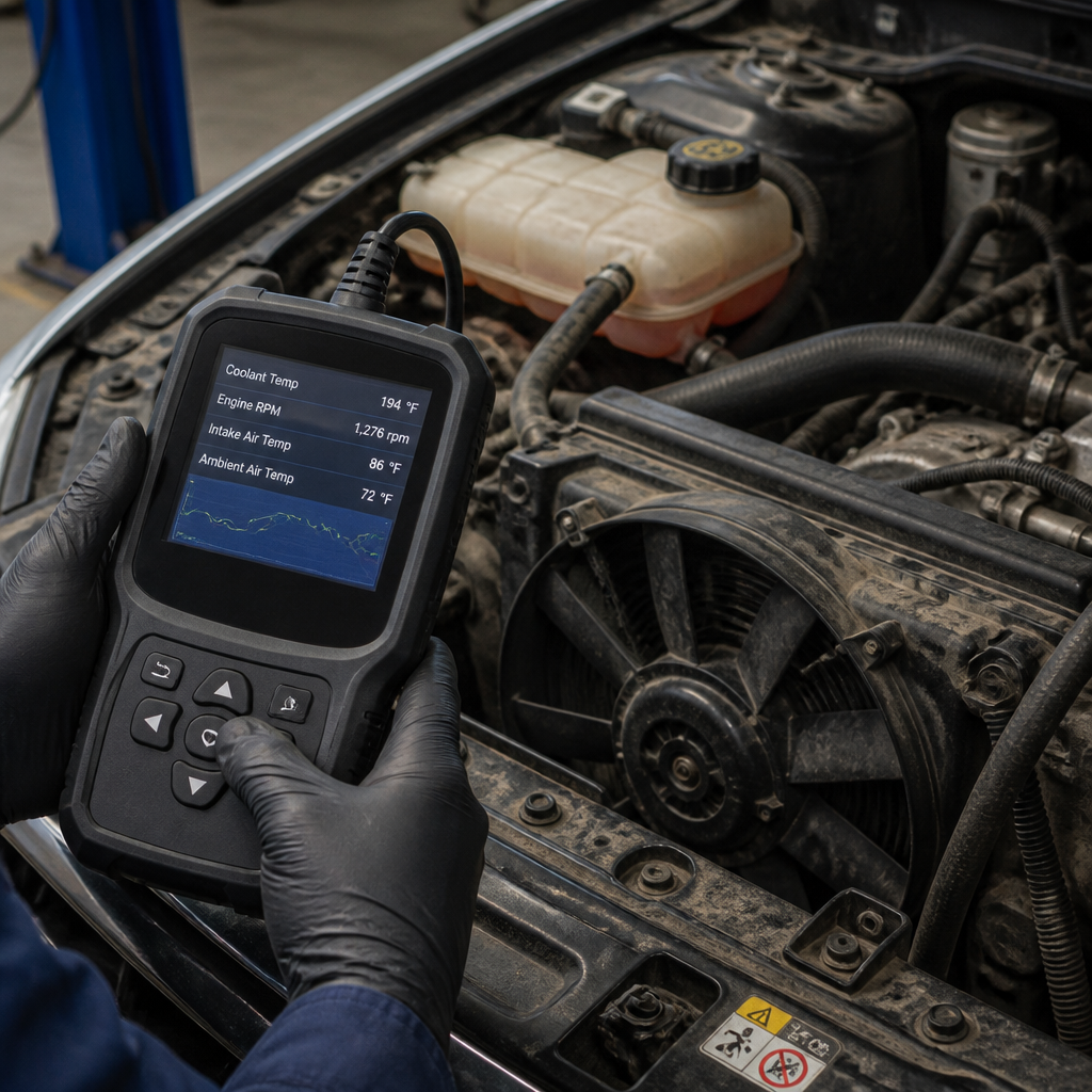 Mechanic checking a used car cooling system with a diagnostic scan tool