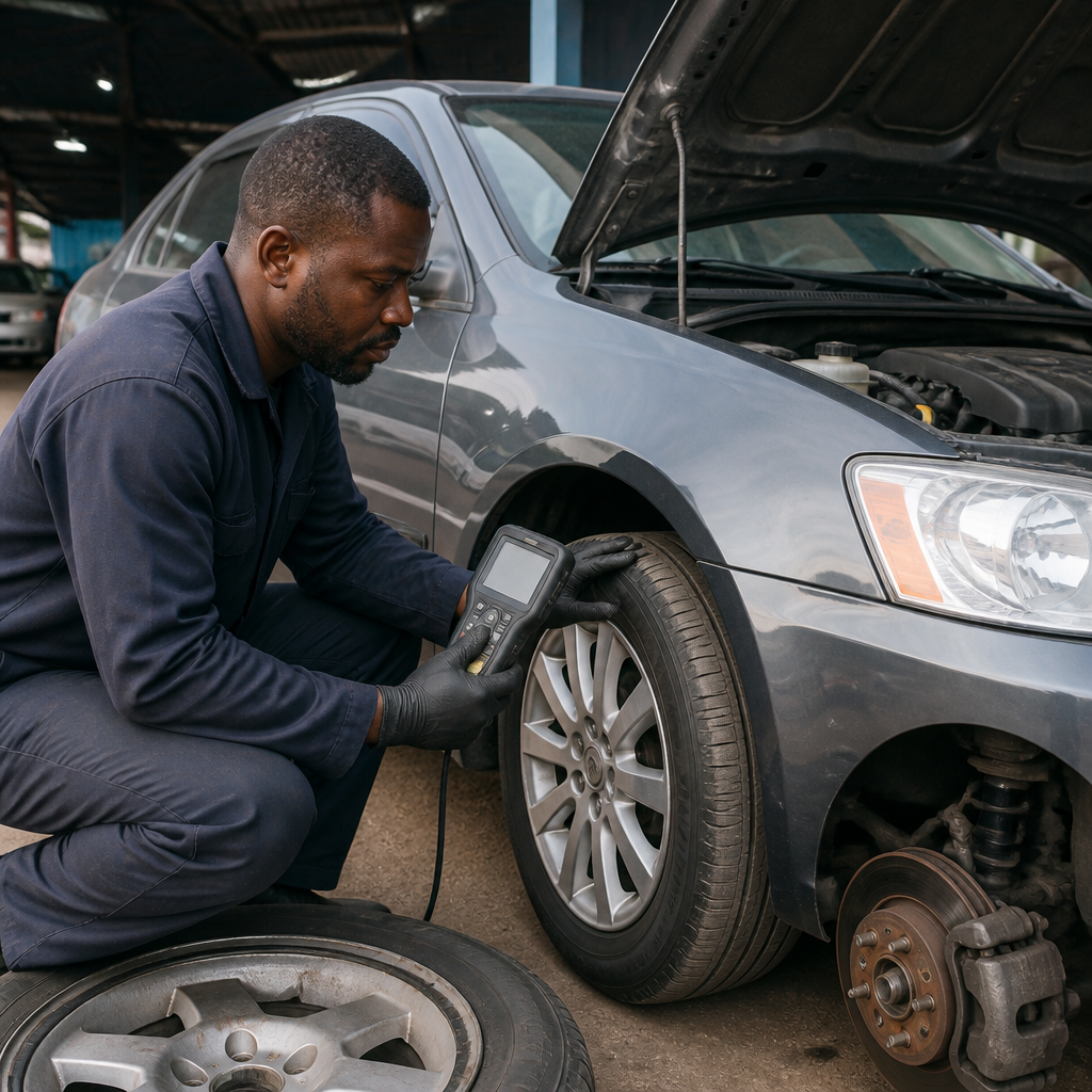 Mechanic carrying out a pre-purchase inspection on a used car in Nigeria