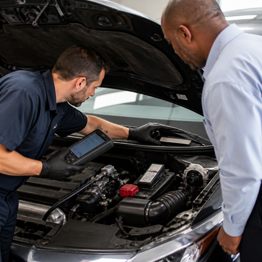 Mechanic inspecting the engine and VIN of a used car