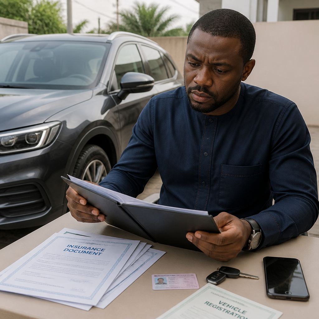 Vehicle document validity checklist beside a parked car