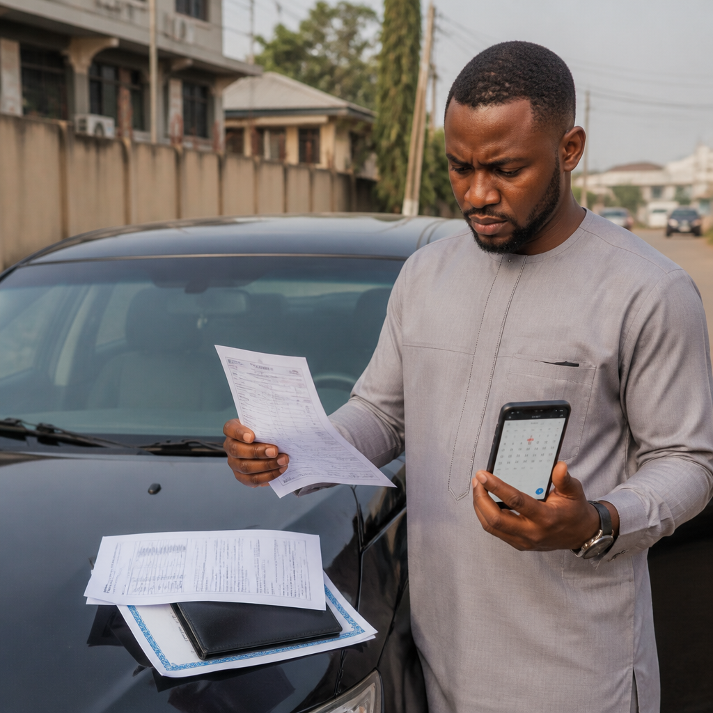 Vehicle licence expires in Nigeria renewal documents beside a car