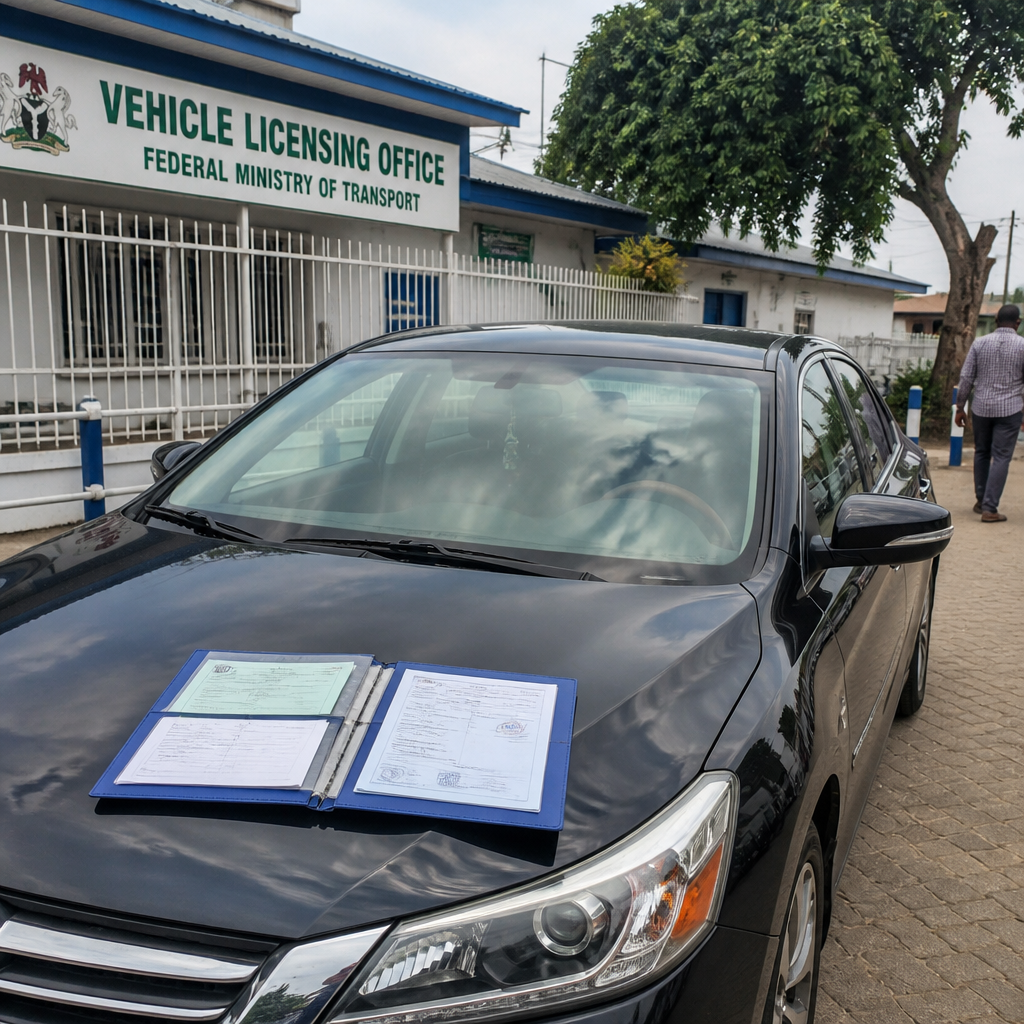Vehicle papers expire in Nigeria and a driver reviewing renewal documents beside a car