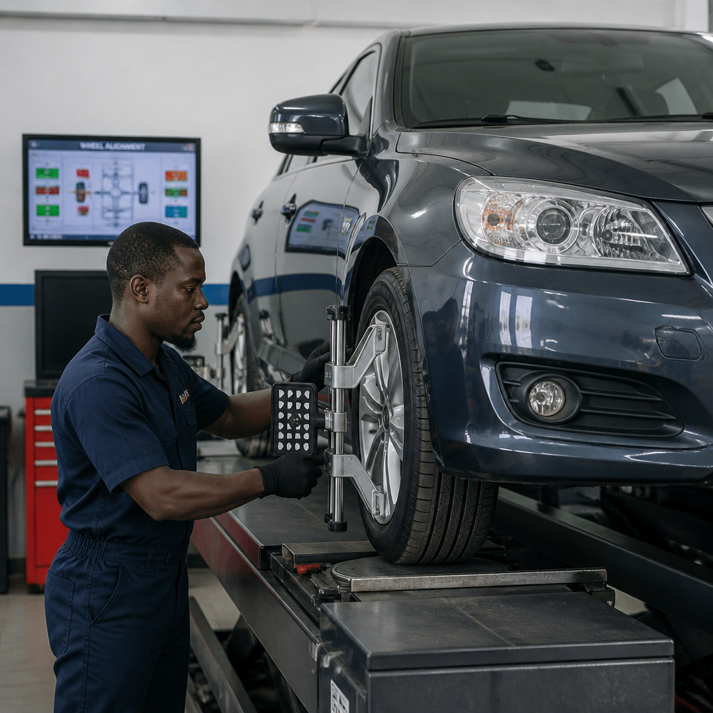 Technician checking wheel alignment on a car in a professional workshop